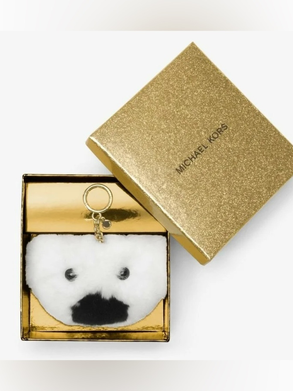 Michael Kors NWT White Plush Bear Face Keychain BAG CHARM with Black Nose